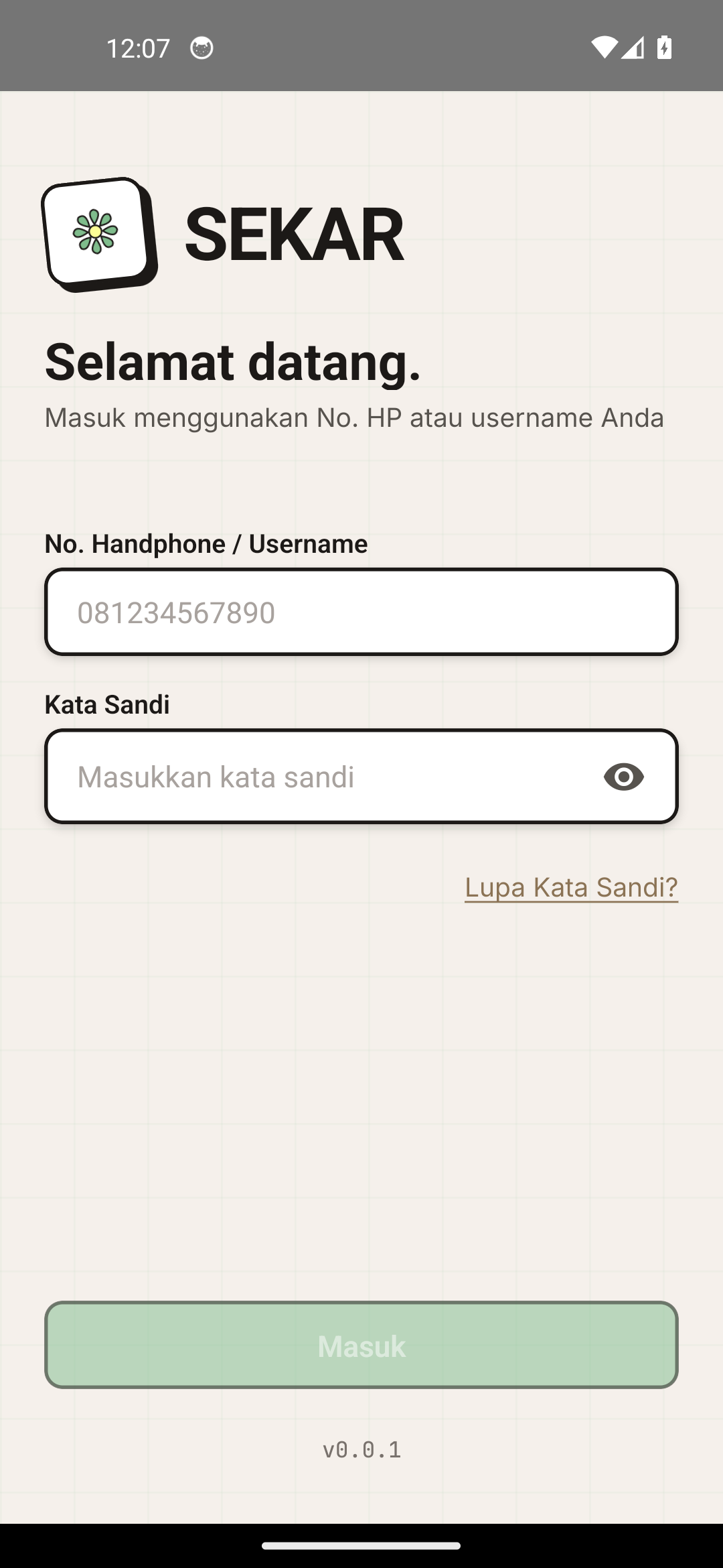 Layar login aplikasi
